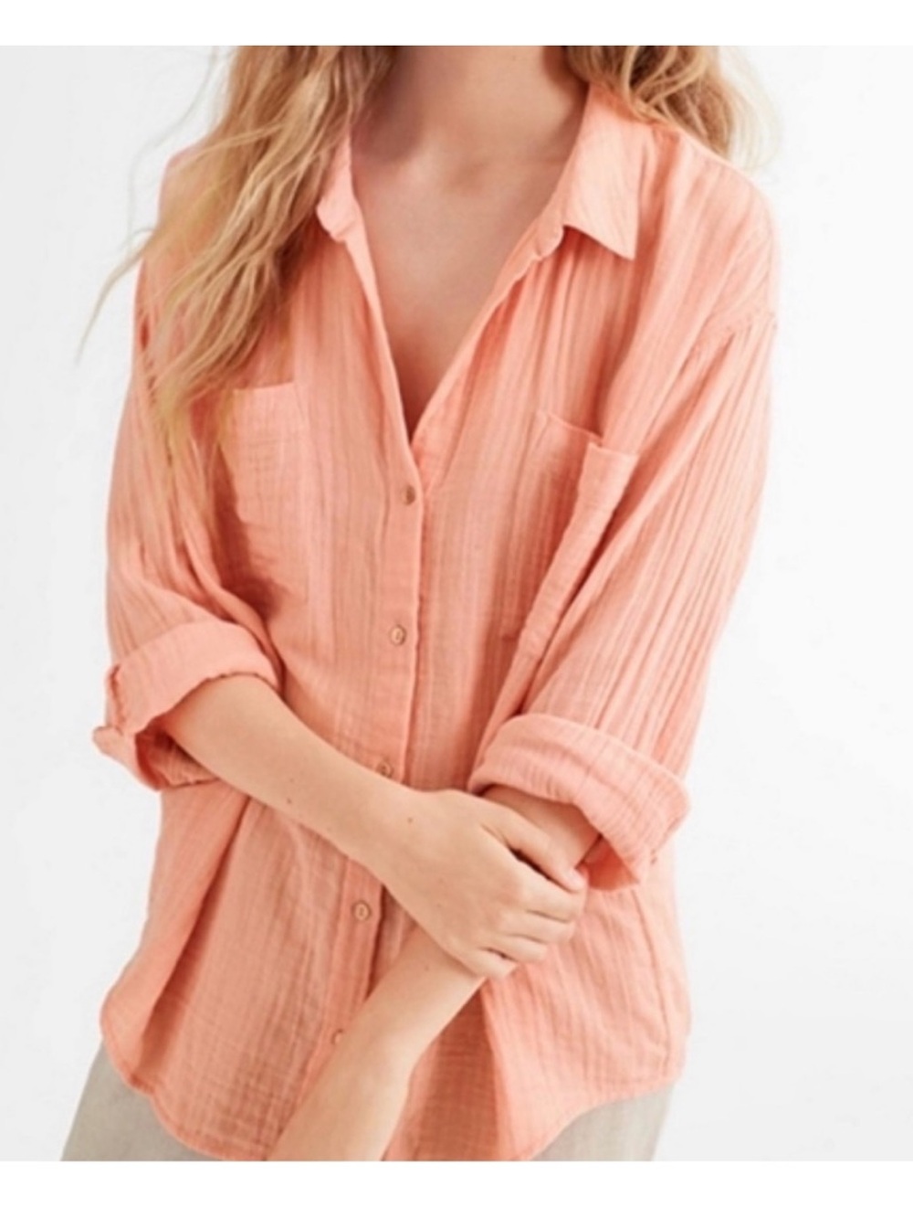 NWT Eileen Fisher Organic
Cotton Lofty Gauze Classic Collar
Button Shirt Peach